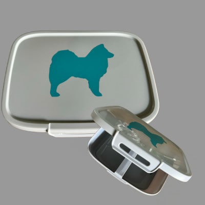 EVNwinkeltje: Grijze lunchbox (22 cm x 17 cm x 7 cm) met 2 vakken en turquoise Eurasier op deksel