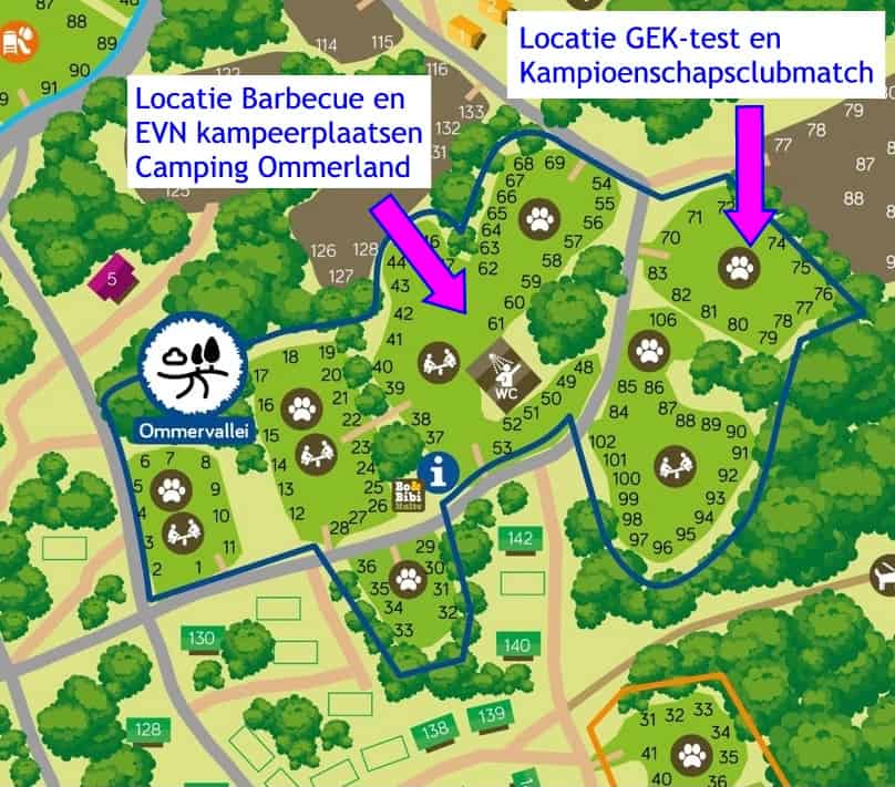 Plattegrond van kampeerveld "Ommervallei" op camping Ommerland met locatie van EVN Kampioenschapsclubmatch, GEK-test en BBQ