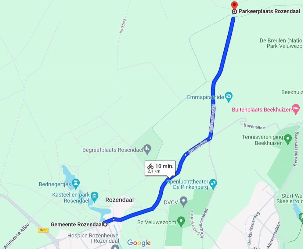 Route naar een-na-laatste parkeerplaats Rozendaalse Veld